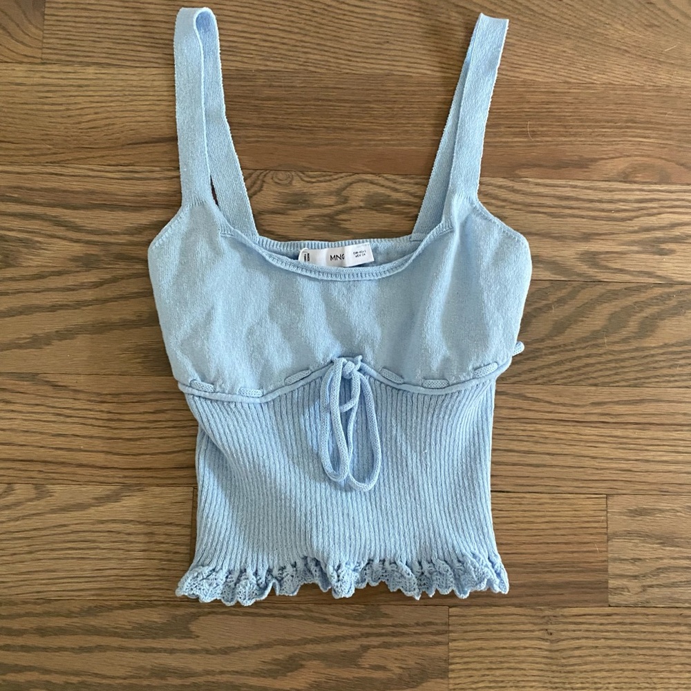Mango Blue Ribbed Tie Front Tank Top